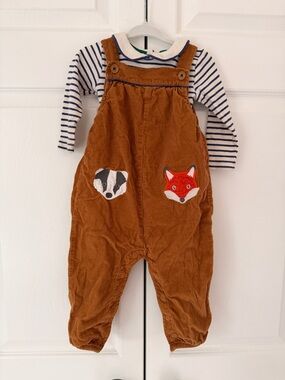 Unisex Boden Corduroy Overalls with Fox & Badger Appliqué and coordinating shirt